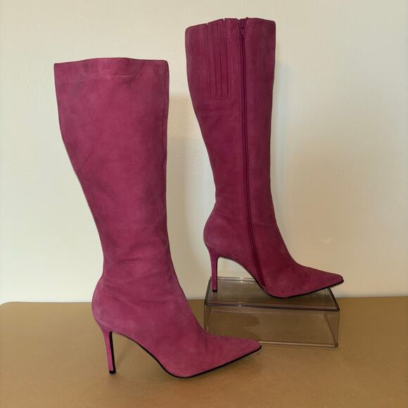 Colin Stuart Suede Stiletto Boots Womens 8.5 Hot Pink Pointed Toe Knee High Heel - Picture 2 of 9